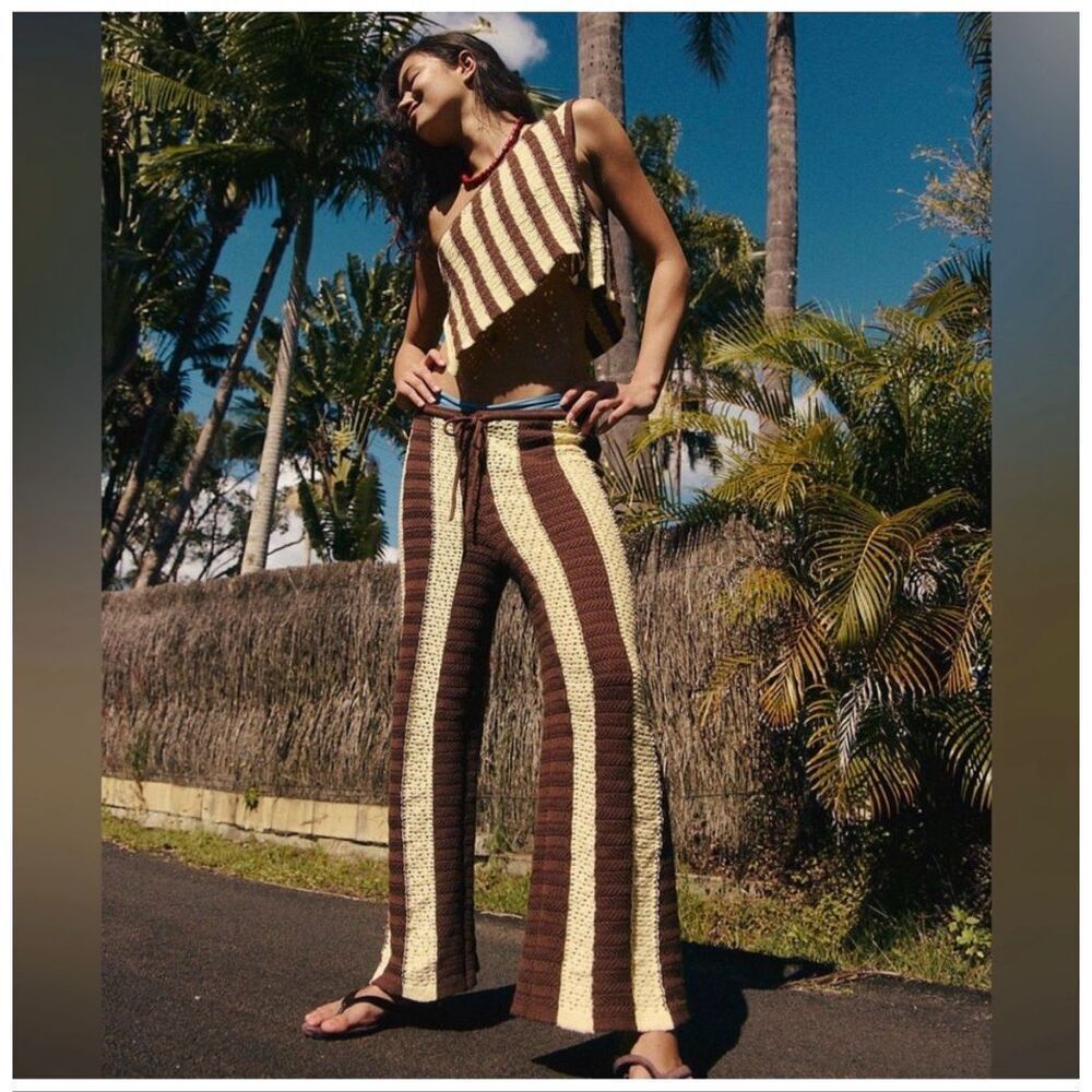 Free People Joan Fauxchet Set Striped Crochet Top and Pants Small